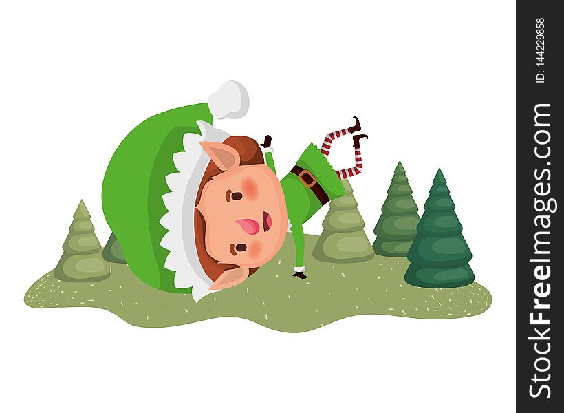 Elf moving with christmas trees avatar character vector illustration design