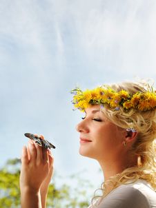 Woman With A Butterfly Over Blue Sky Royalty Free Stock Image Woman With A Butterfly Over Blue Sky Royalty Free Stock Image