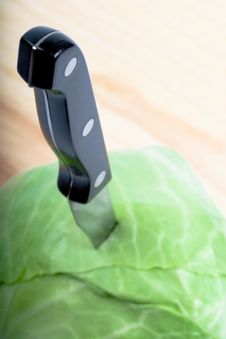 Green Cabbage With Knife Stock Image