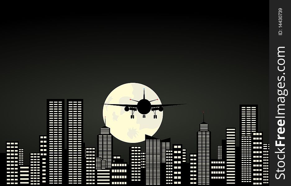 The plane comes on planting in a night city. A vector illustration