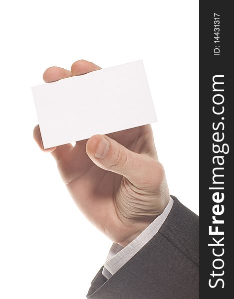 Hand holding an empty business card over white background