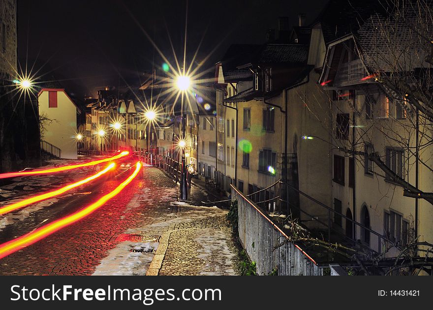 Winter's night scene, historic town of Aarau. Winter's night scene, historic town of Aarau