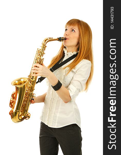 Girl with a sax isolated background