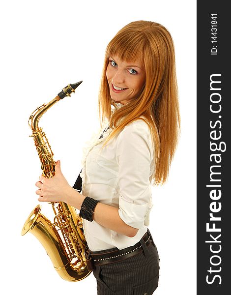 Smiling girl with a sax isolated background