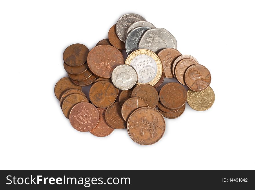 Heap of coins on white background