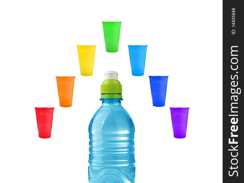 Mug and bottles with rainbow isolated background. Mug and bottles with rainbow isolated background