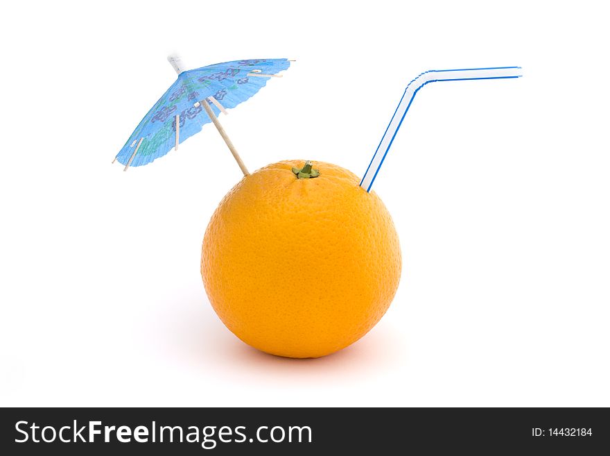 Orange with straw and blue umbrella on a white background. Orange with straw and blue umbrella on a white background
