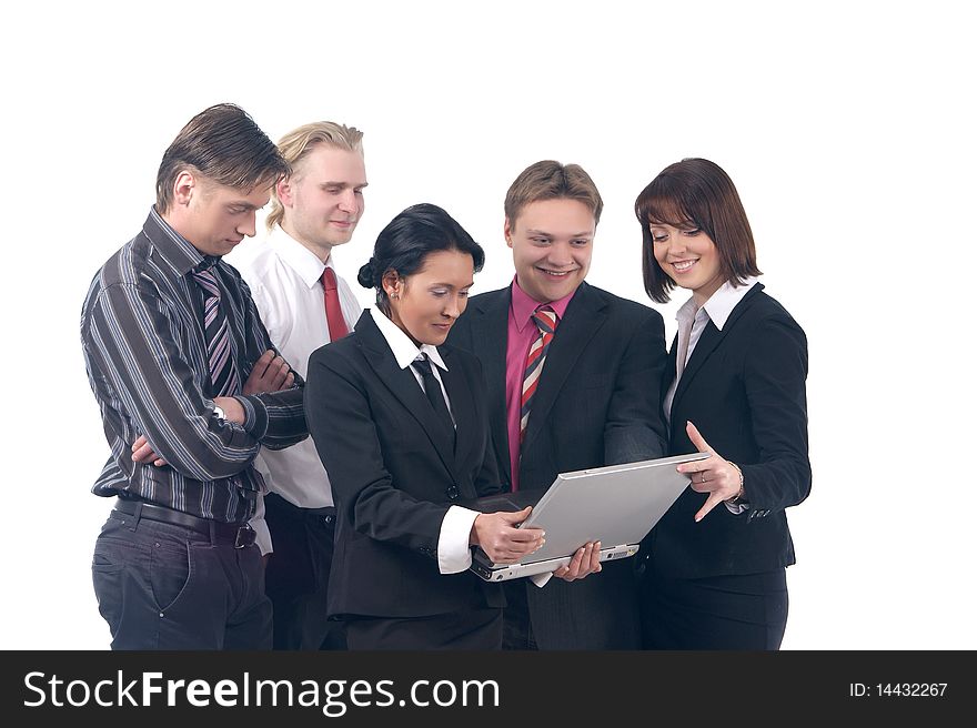 A business team of three young men and two attractive woman. Image isolated on a white background. A business team of three young men and two attractive woman. Image isolated on a white background.