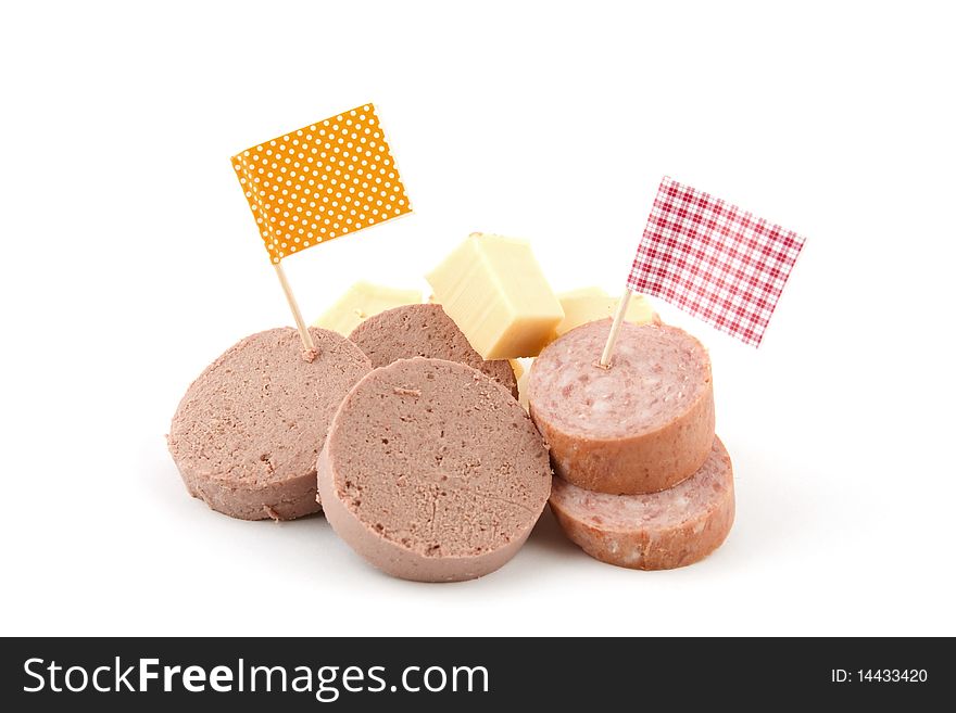 Partysnakcs,chees en sausage isolated on white background. Partysnakcs,chees en sausage isolated on white background