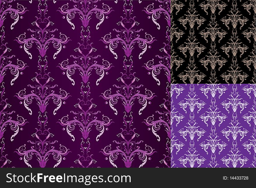 Set of ornate violet and black backgrounds seamlesses for design. Set of ornate violet and black backgrounds seamlesses for design