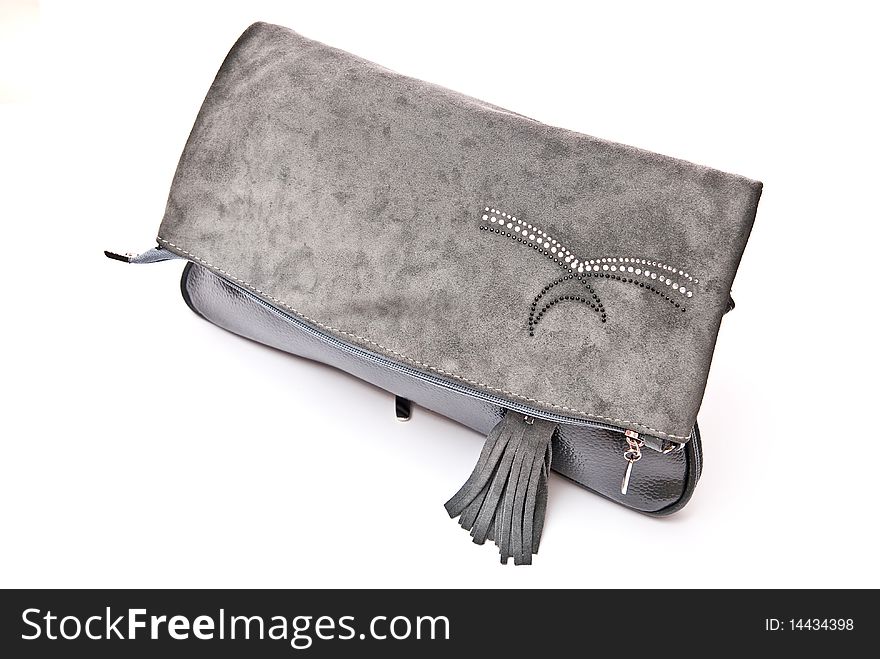 Leather grey handbag isolated on white background