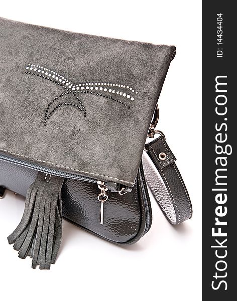 Leather grey handbag isolated on white background