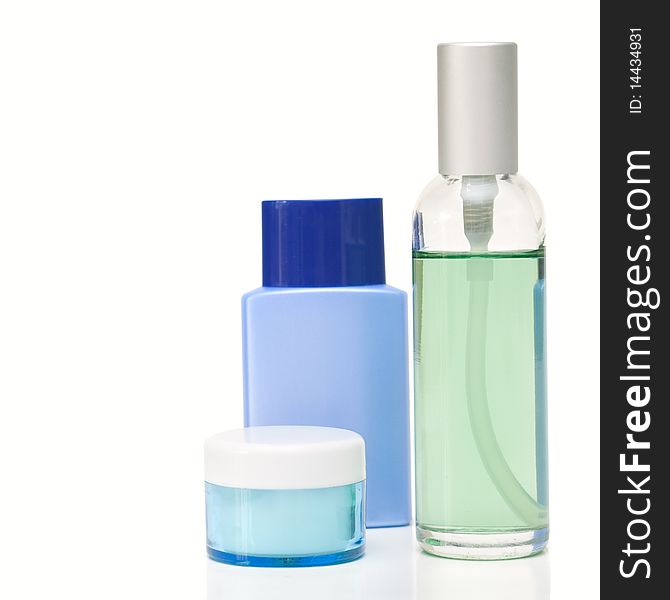 Cosmetic bottles isolated on a white background.