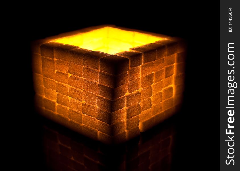 Close up of illuminated cube of sugar cubes. Close up of illuminated cube of sugar cubes