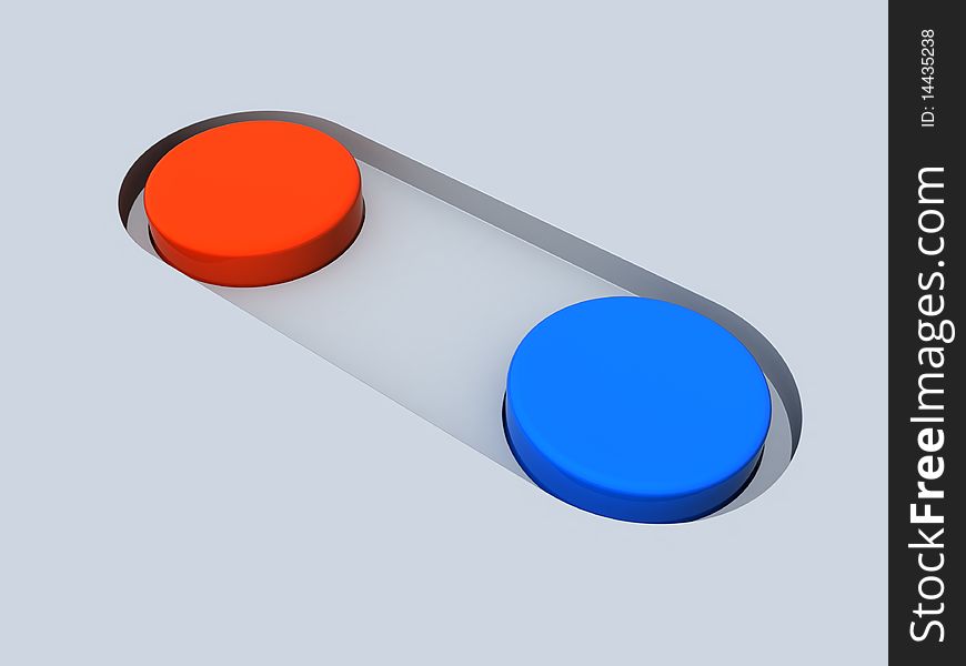 Two buttons - red and blue - on the device. Two buttons - red and blue - on the device.