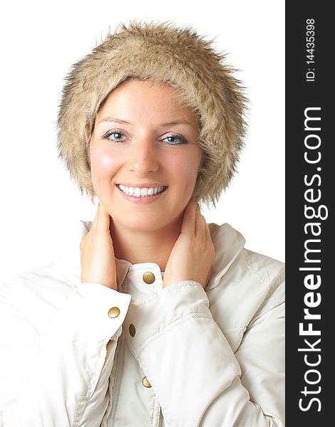 Woman in furry hat on white background