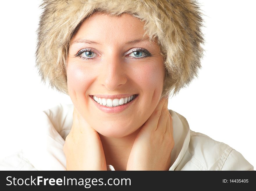 Woman in furry hat on white background