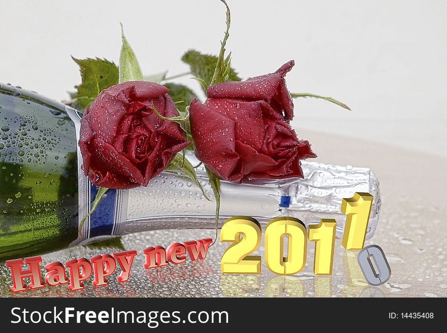 3D happy new year with champagne and flowers