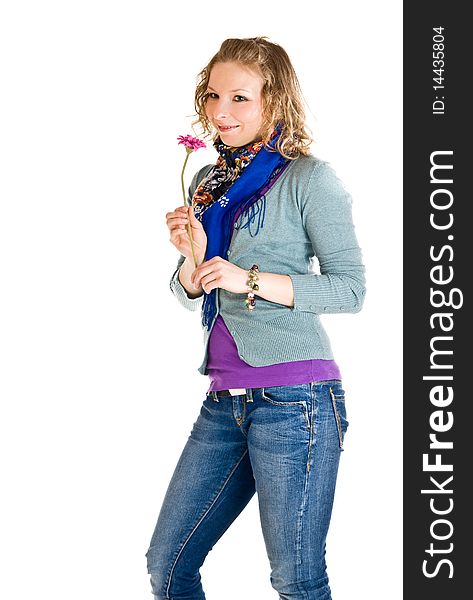 Caucasian young girl with tulips on isolated background