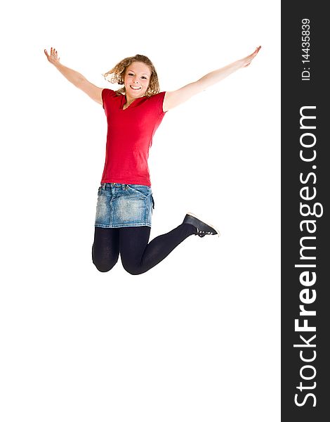 Girl jumping on white isolated background