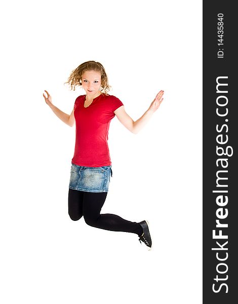 Girl jumping on white isolated background