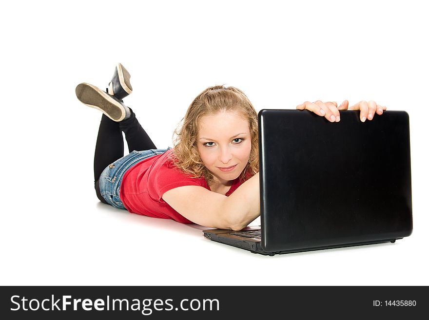 Isolated girl with notebook lay on the floor