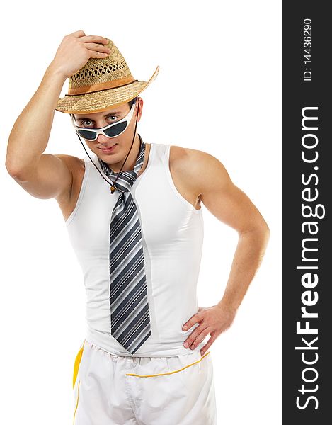 Young man wearing a hat with tie in sunglasses isolated white background