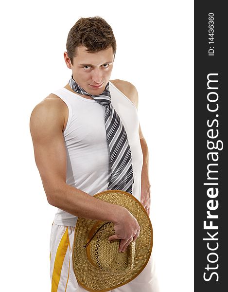 young man in a white t-shirt isolated white background. young man in a white t-shirt isolated white background