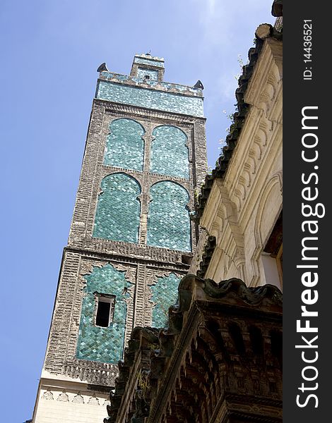 Minaret in fes morocco covered with turquoise tiles. Minaret in fes morocco covered with turquoise tiles