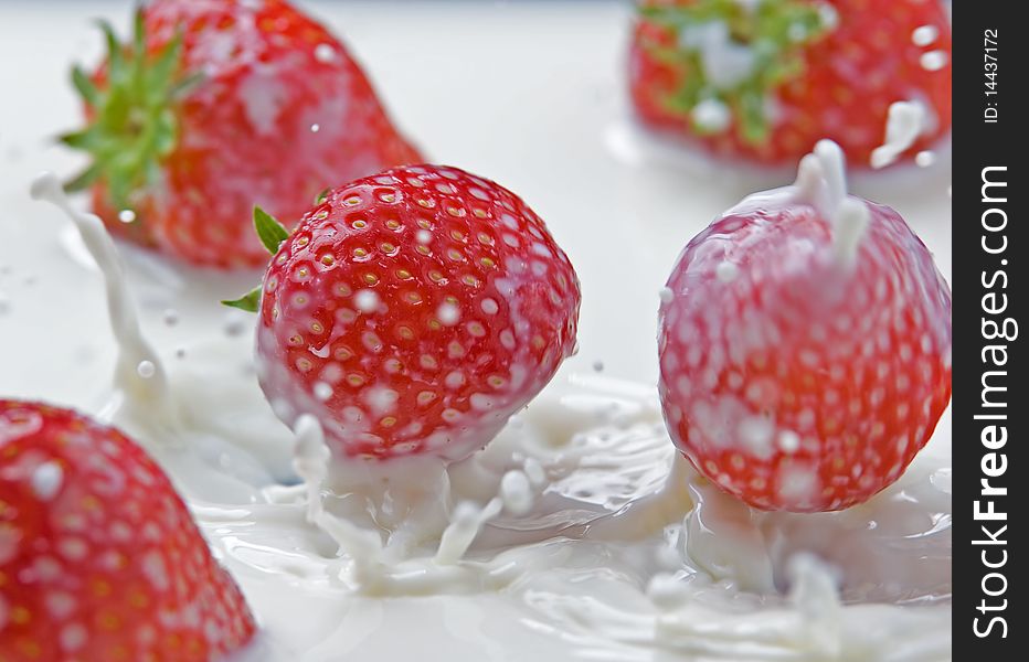 Fresh strawberries splashing in milk