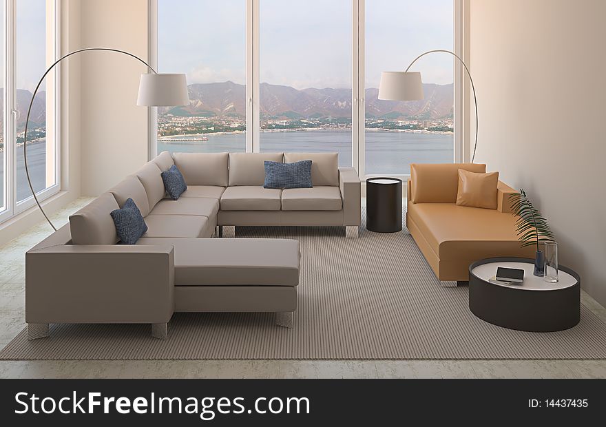 Modern interior of living-room. 3d render.