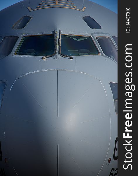 A close-up showing the nose of an Air Force cargo jet. A close-up showing the nose of an Air Force cargo jet