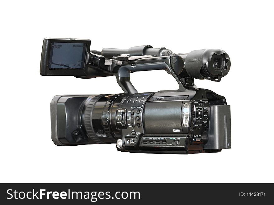 Professional digital video camera under the white background. Focus is on the front part of camera