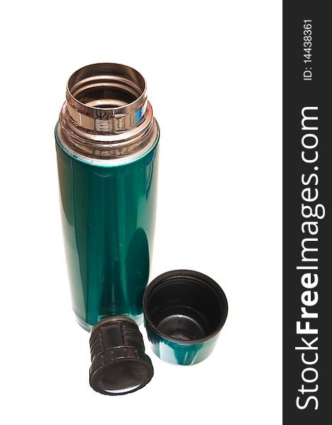 Metal green thermos with an open cover