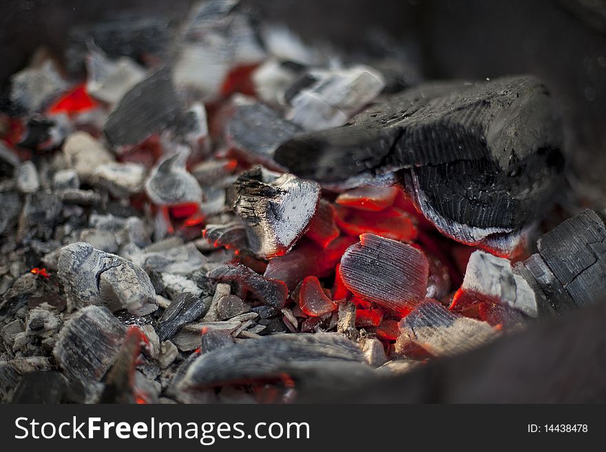 Close-up of burning hot coals in the fire.