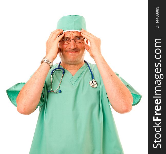 Surgeon looking stressed dressed in green scrubs on white background