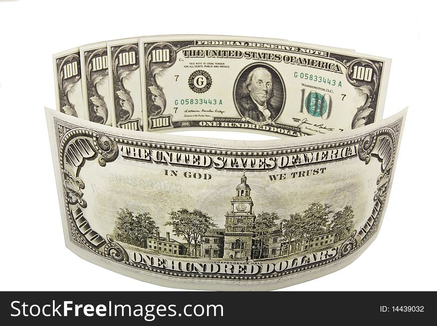 Five banknotes of hundred dollars on white background