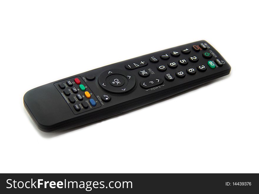 Black remote control from a tv isolated on white background .