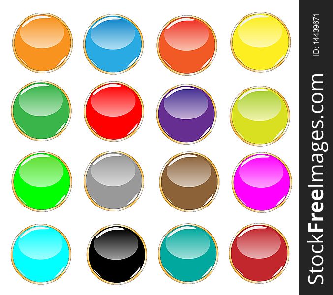 A collection of glossy circular figured and golden edged buttons. A collection of glossy circular figured and golden edged buttons