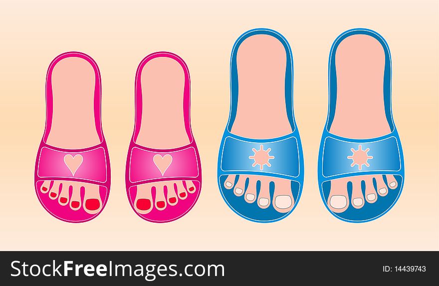 Red and blue beach shoes vector over sand background