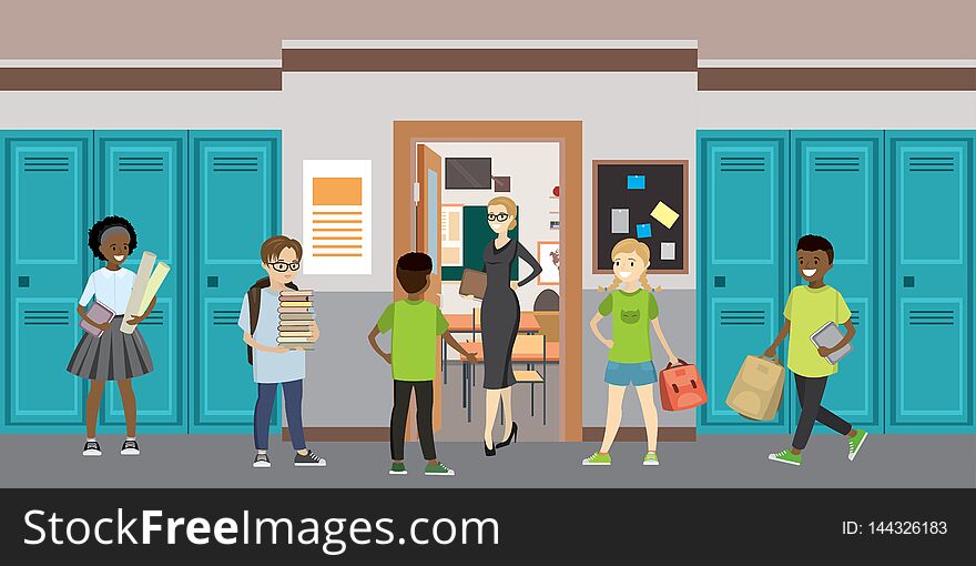 Cartoon empty School interior and open door in classroom, flat vector illustration
