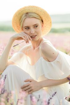 Wonderful Portrait Of Girl In Light Dress In Lavender Field On Sunset Royalty Free Stock Photo