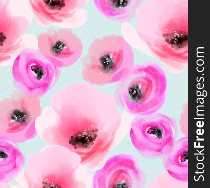 Watercolor pink flowers seamless pattern. Digital floral art background, paper texture. Artistic flowers illustration for wrapping, scrapbooking, fabric etc