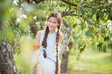 Girl With Apple In The Apple Orchard Stock Image