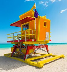 Colorful Lifeguard Tower Under A Clear Sky In Miami Beach Royalty Free Stock Photos
