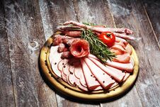 Food Tray With Delicious Salami, Pieces Of Sliced Ham, Sausage And Salad. Meat Platter Selection Stock Images
