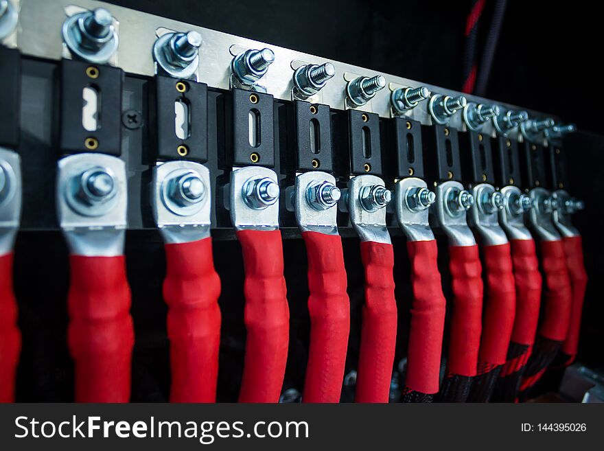 Close up of electrical connection with many cables and fuses. Close up of electrical connection with many cables and fuses