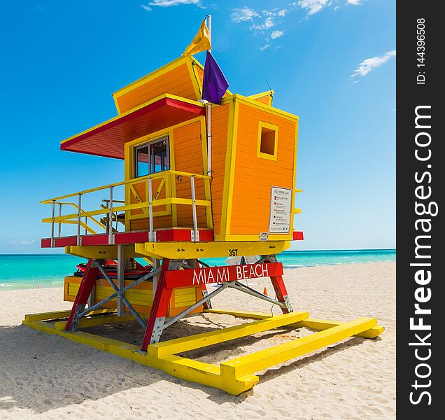 Colorful lifeguard tower under a clear sky in Miami Beach