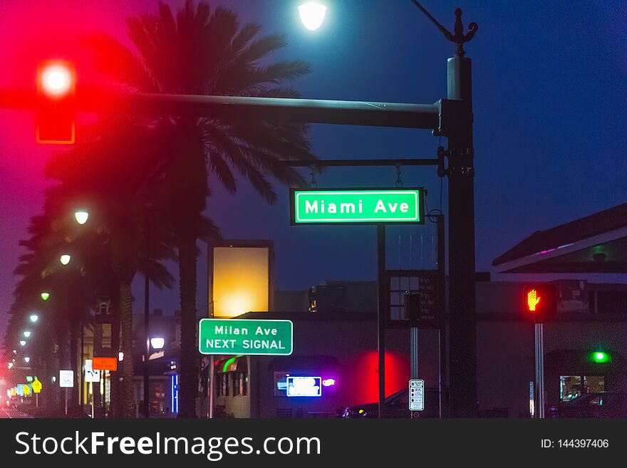 Red light on a crossroad in Venice at night. Florida, USA