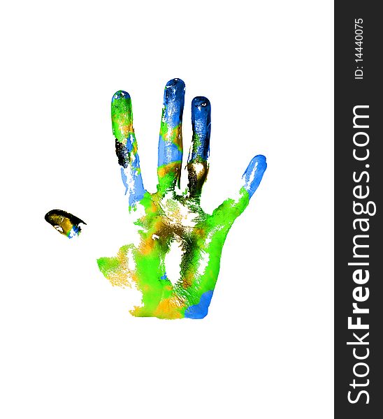 Handprints with imitation of Earth on white background. Handprints with imitation of Earth on white background